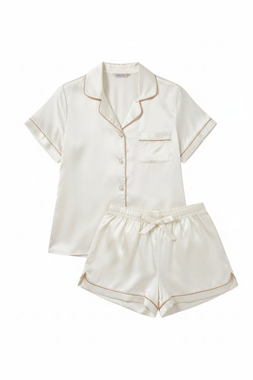 Women's Satin Pajama Set Button Top & Shorts