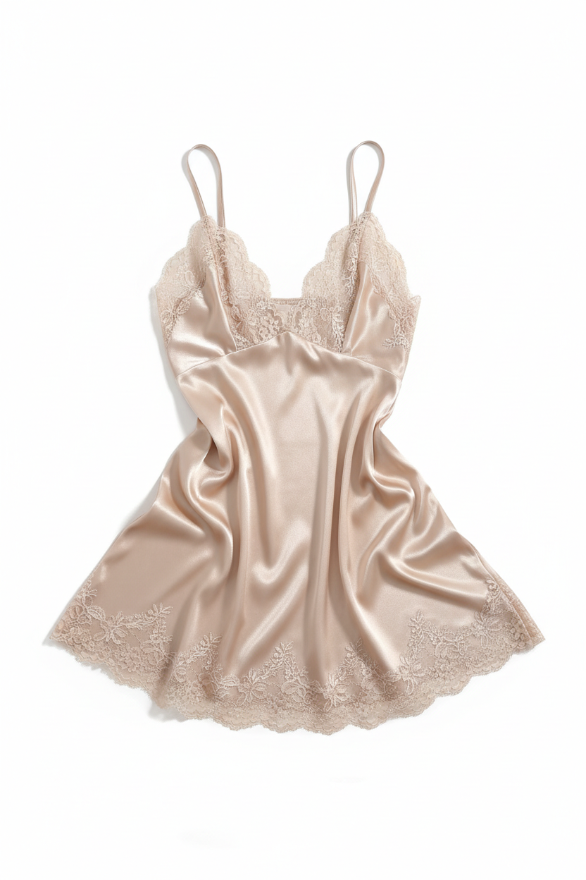 Satin Lace Trim Chemise Slip Dress