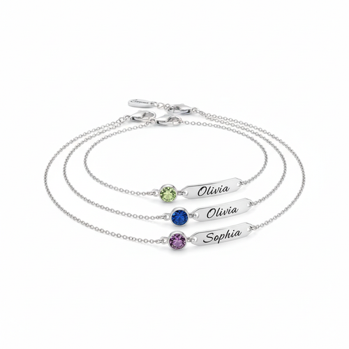 Custom Birthstone Bracelet with Name Tag