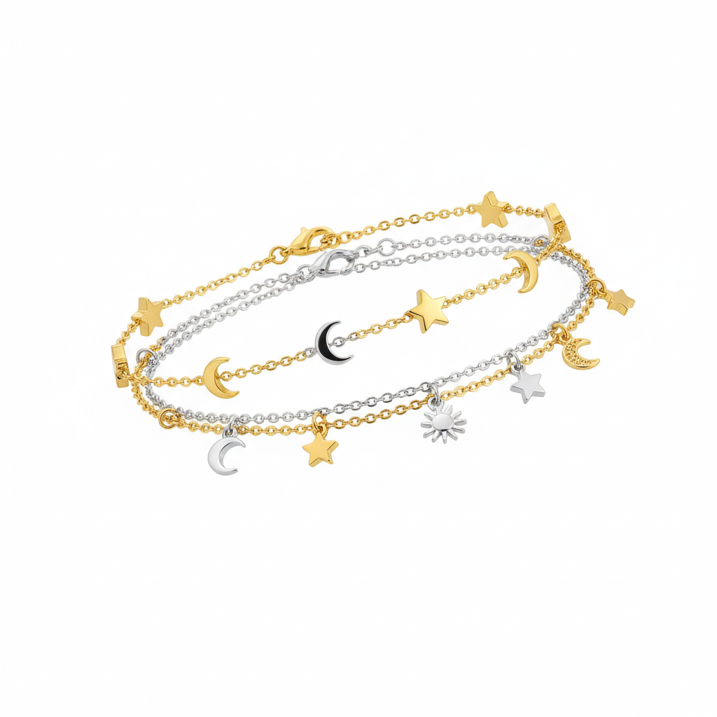 Dainty Star & Moon Charm Bracelet Set 3pc